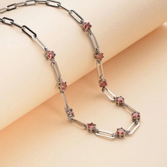 New, Stamped, Simulated Garnet Red Diamond, Paper Clip, Chain Station Neclace - Picture 5 of 8